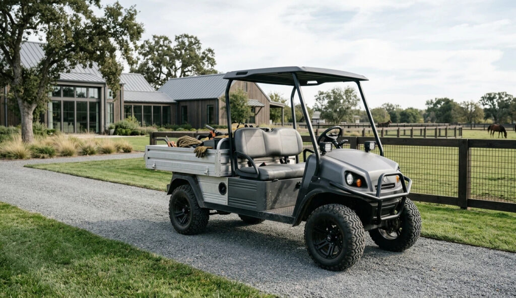 Heavy-duty utility golf cart with steel flatbed parked on gravel path at equestrian farm estate — typical farm and large-property work-cart configuration