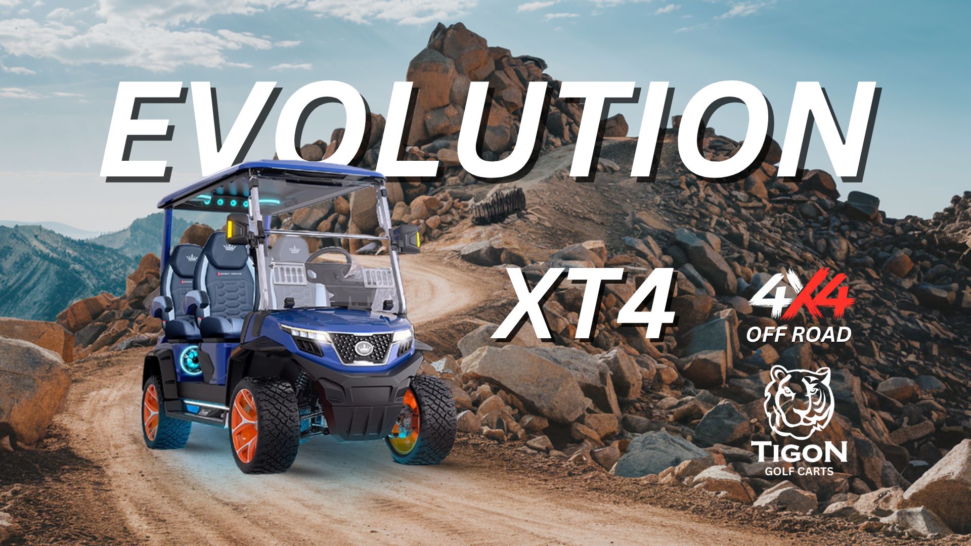 EVOLUTION XT4 4X4 ALL WHEEL DRIVE GOLF CART DRIVING IN THE MOUNTAIN RANGE